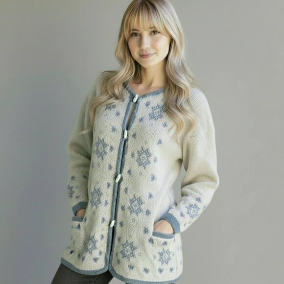 Alafoss Icewool Women's Vintage Blue Nordic Wool Cottagecore Cardigan Jacket - Picture 1 of 12